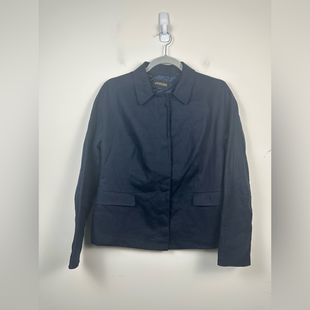Jaeger Blazer Women Size 8 Navy Blue Excellent‎ Linen Collared Professional
